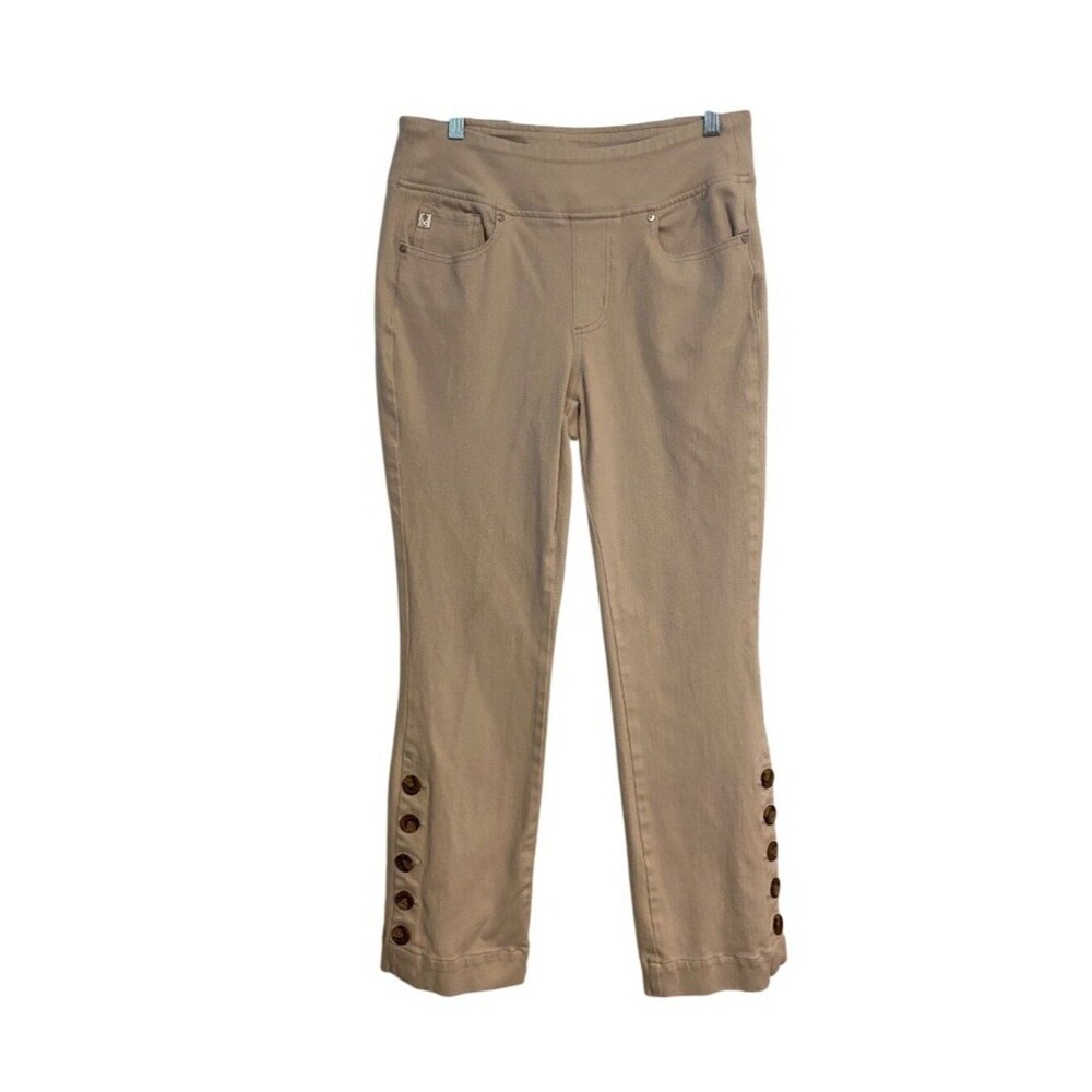 Belle By Kim Gravel Women’s 10 Beige Pull-On Pants Button Accent Logo Boho Comfy